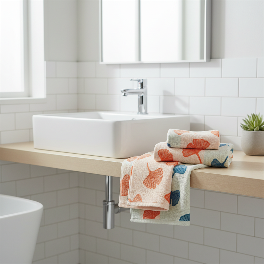Pure Cotton Bath Towel Ginkgo Leaf Print in modern bathroom lifestyle