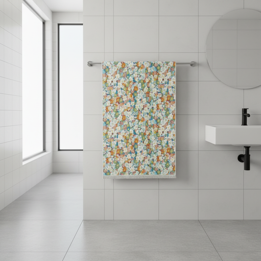 Reversible floral cotton bath towel in a modern bathroom