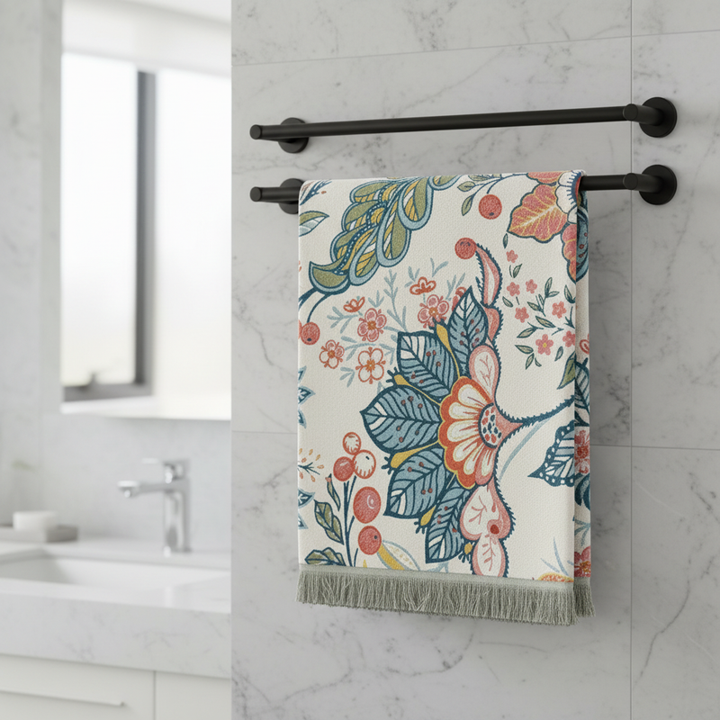 Reversible garden floral cotton bath towel in a modern bathroom
