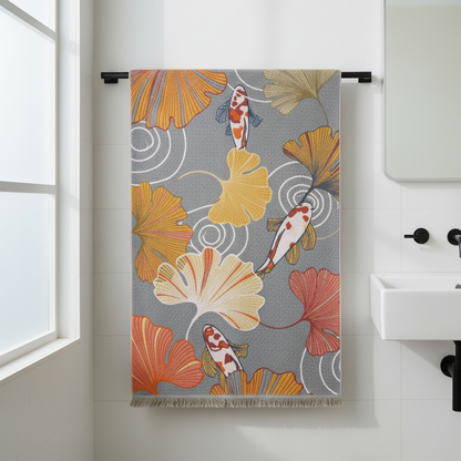 Koi and ginkgo cotton gauze bath towel in modern bathroom