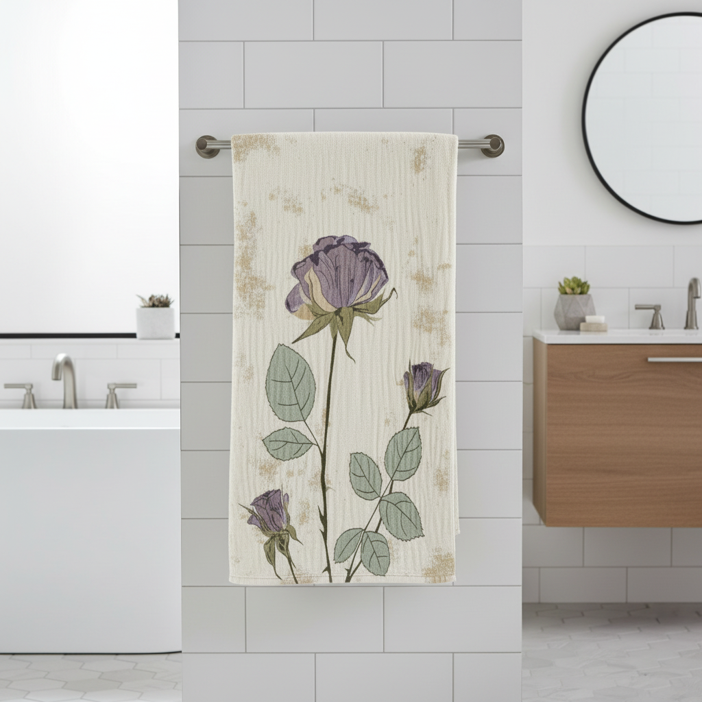Vintage floral knit towel blanket in a modern bathroom
