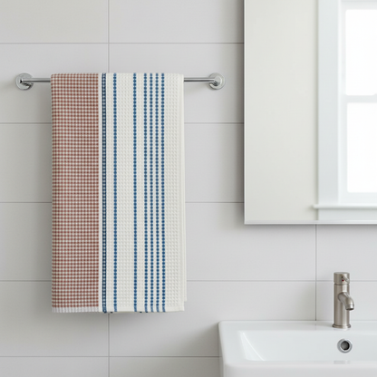 Colorblock stripe honeycomb cotton bath towel in a modern bathroom