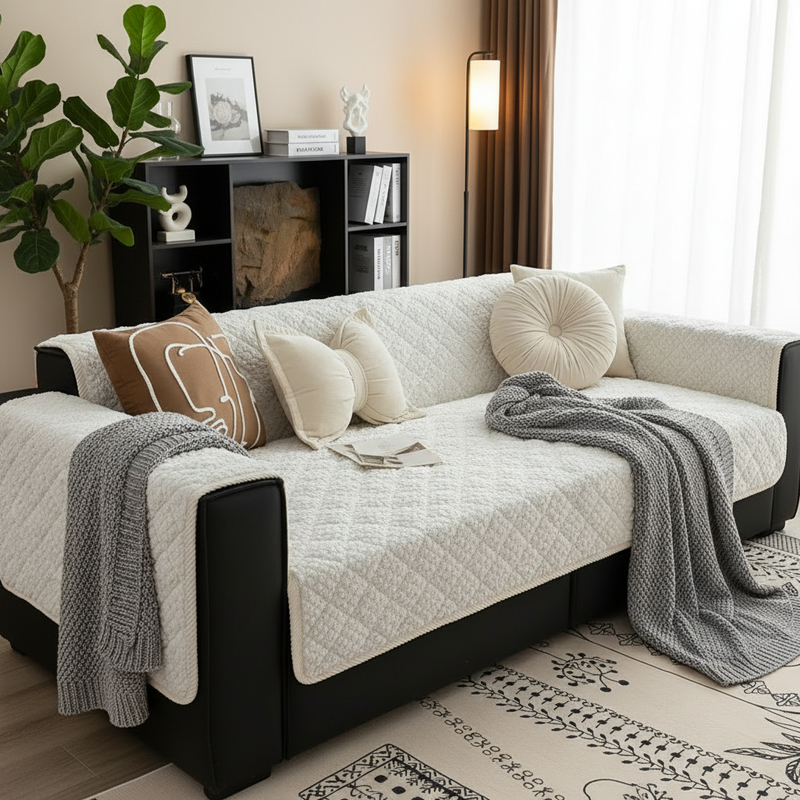 Pet-Proof Quilted Sofa Cover styled in a modern living room