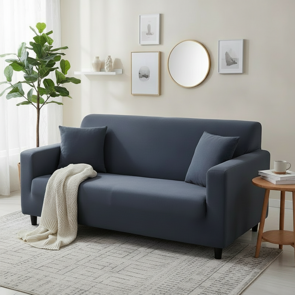 Clay Grey Adaptable Couch Cover - full slipcover styled in a modern living room