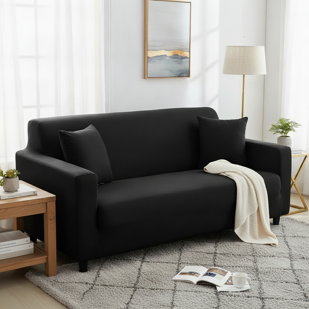 Black Adaptable Couch Cover - full slipcover styled in a modern living room