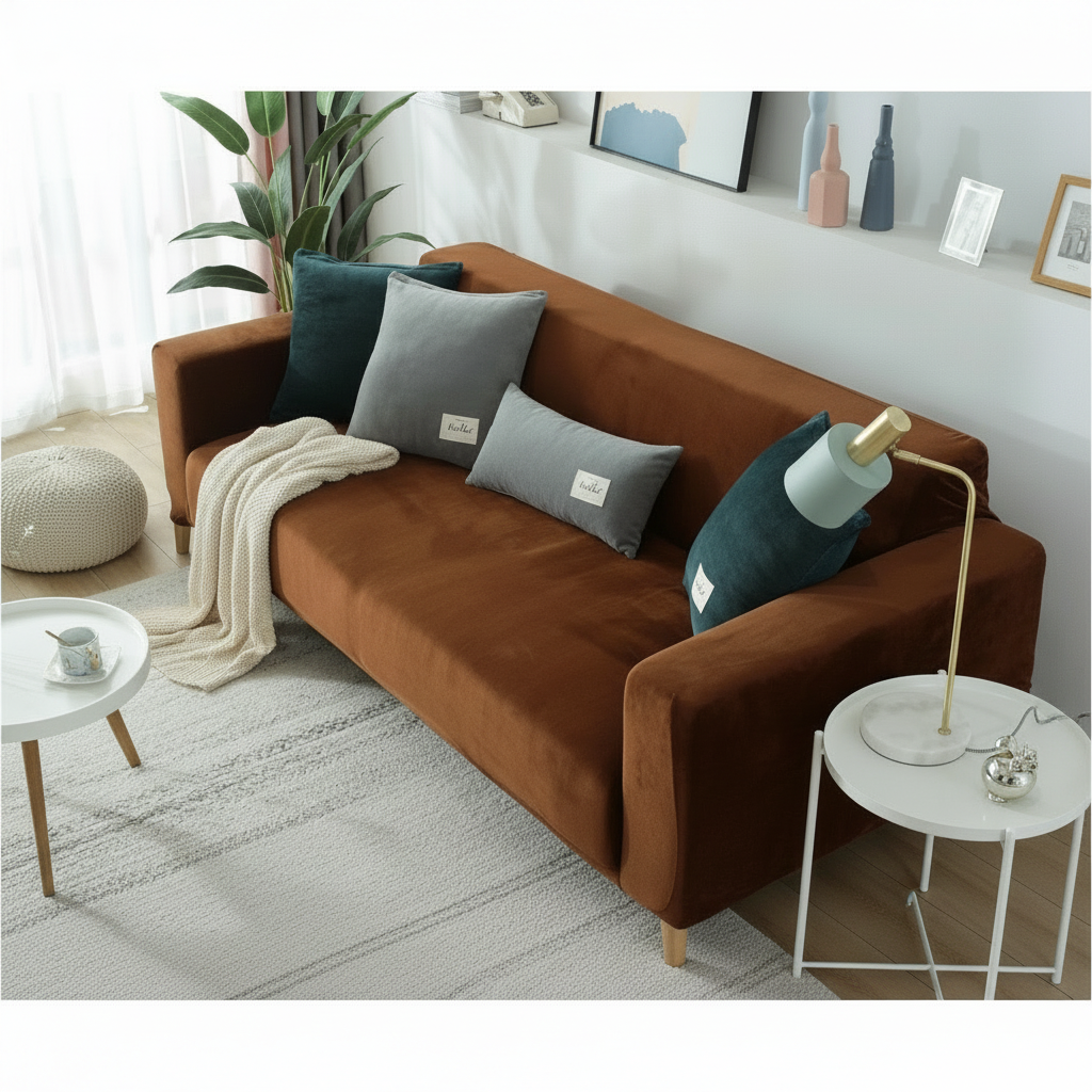 Velvet Brown Couch Cover - full slipcover styled in a modern living room