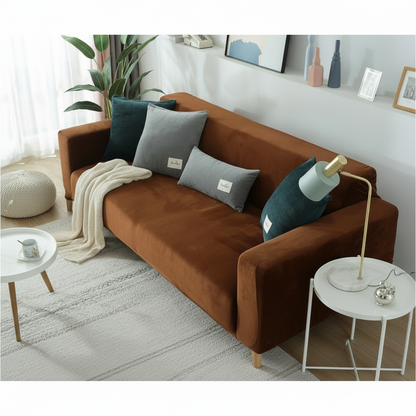 Velvet Brown Couch Cover - full slipcover styled in a modern living room