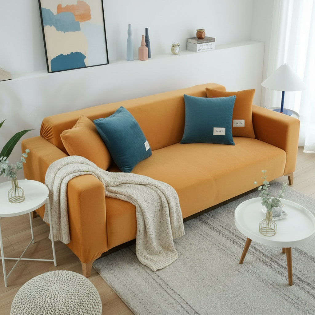 Velvet Orange Couch Cover - full slipcover styled in a modern living room