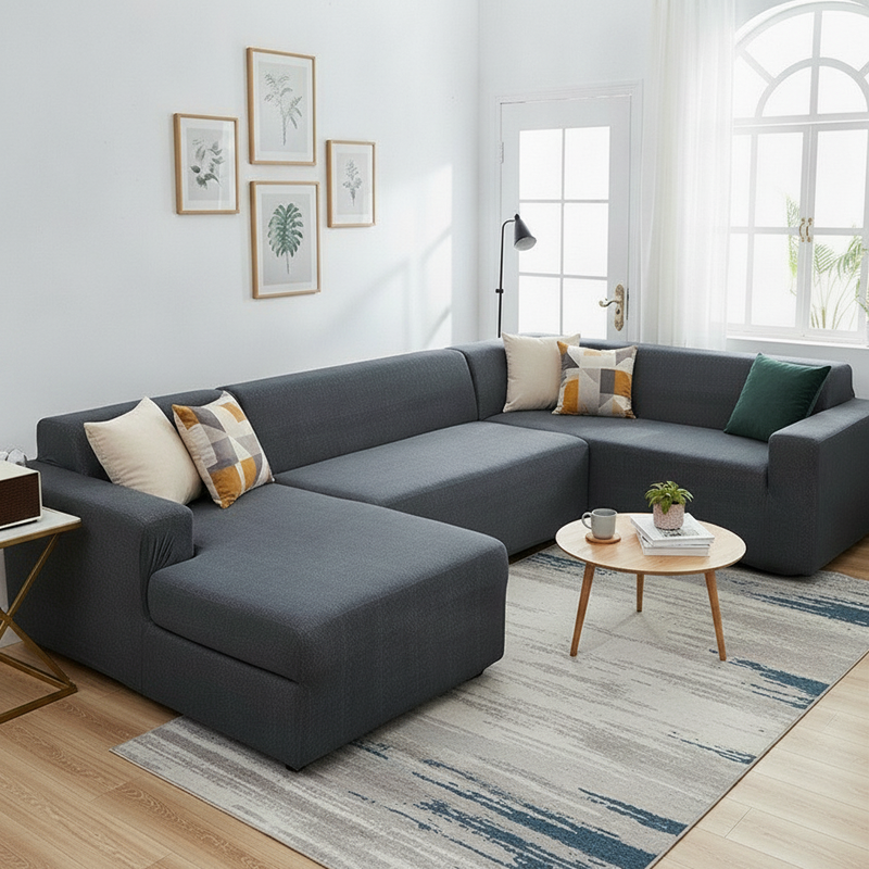 Spotted anthracite grey L-shaped sofa slipcover styled in a modern living room