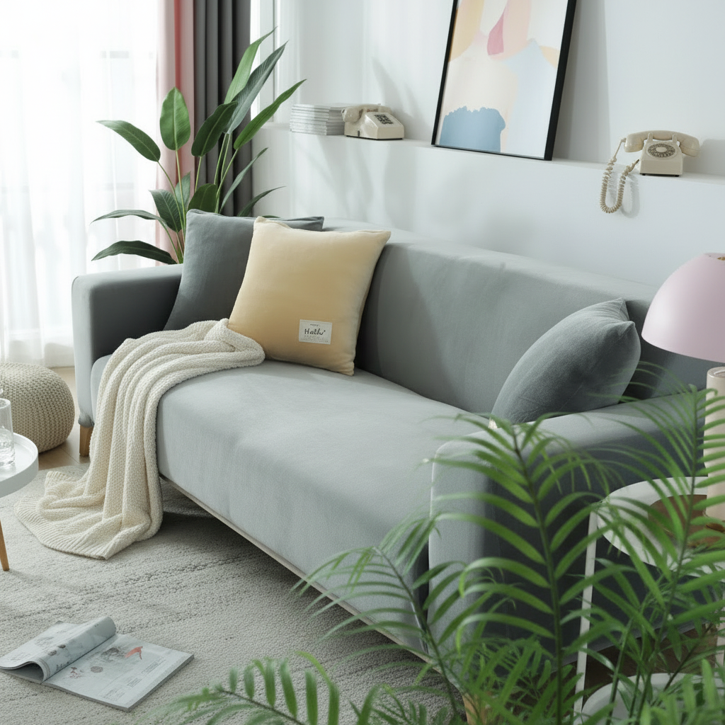 Velvet Light Grey Couch Cover - full slipcover styled in a modern living room