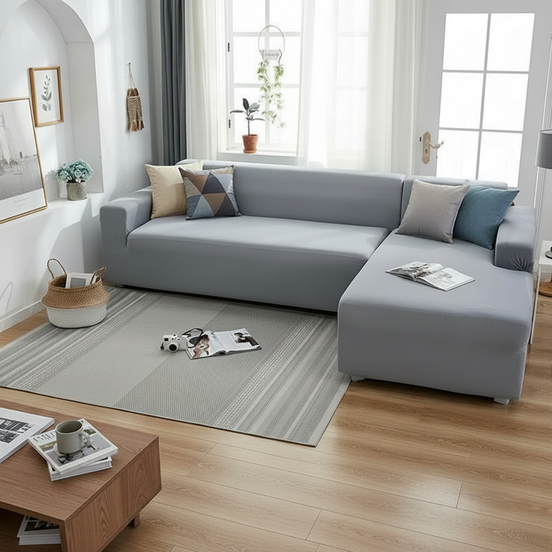 Mouse grey L-shaped sofa slipcover styled in a modern living room