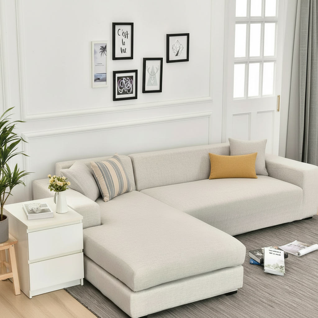 Cross pattern egg shell L-shaped sofa slipcover styled in a modern living room