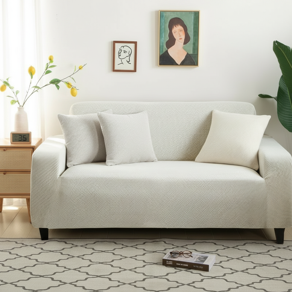 Narrow jacquard white couch slipcover styled in a modern living room