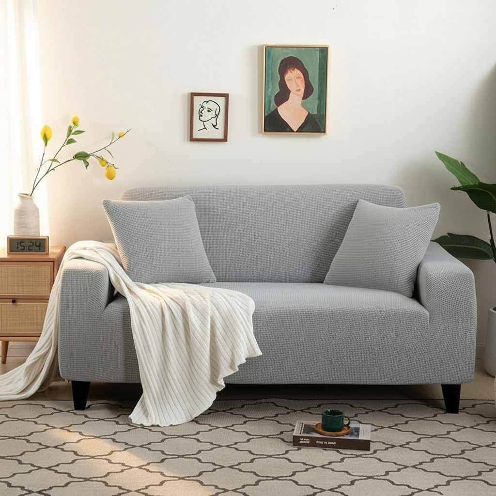 Narrow jacquard light grey couch slipcover styled in a modern living room
