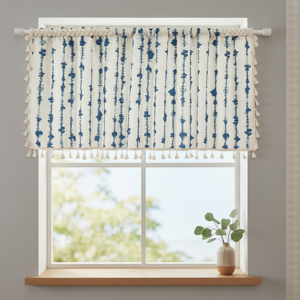 Inkblot Blue Tassel Cabinet Curtain hung on a window in a styled room