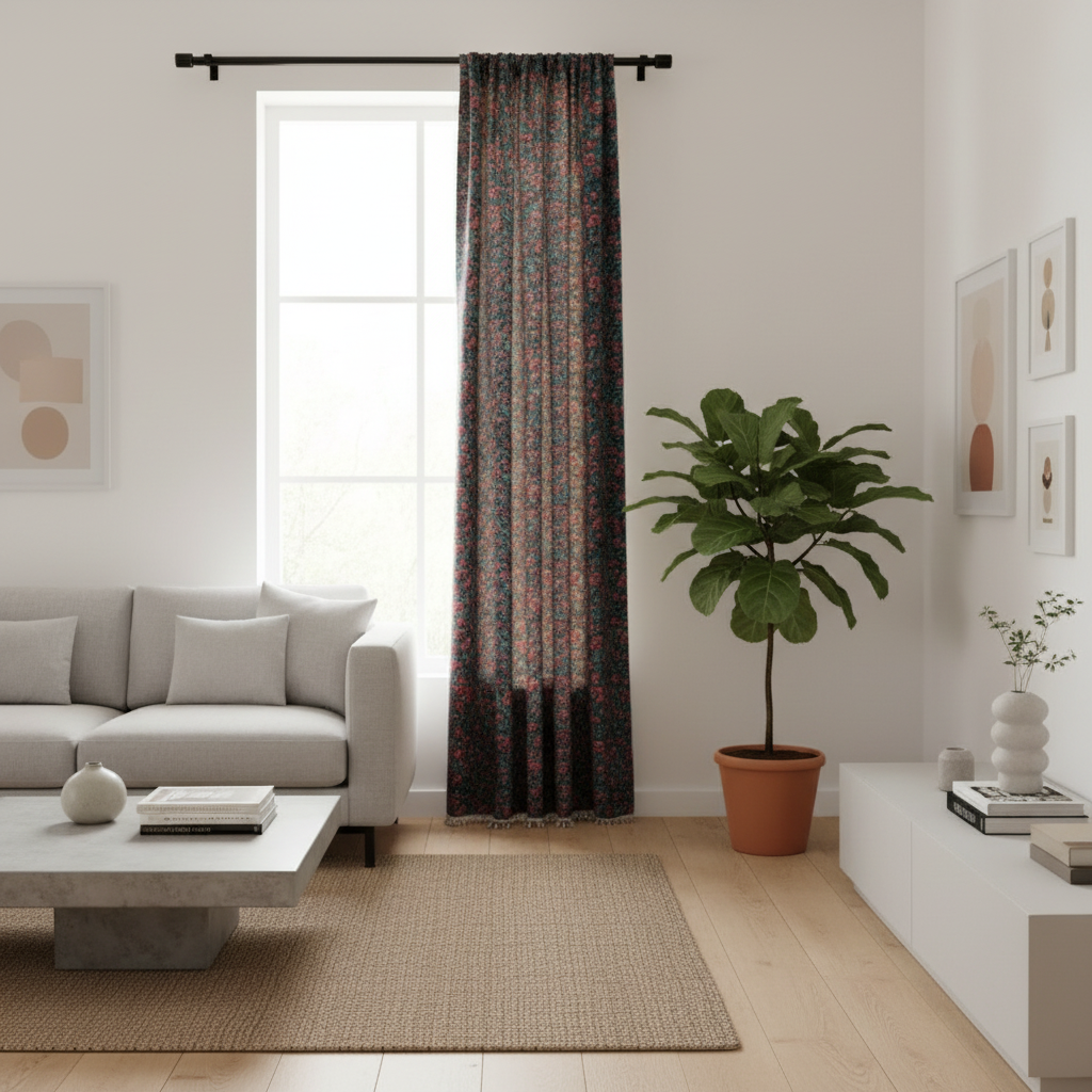 Cherry Bloom Botanical Tassel Curtain hung on a living room window