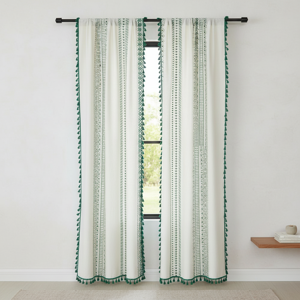 Emerald Tribe Boho Tassel Curtain hung on a window in a styled room