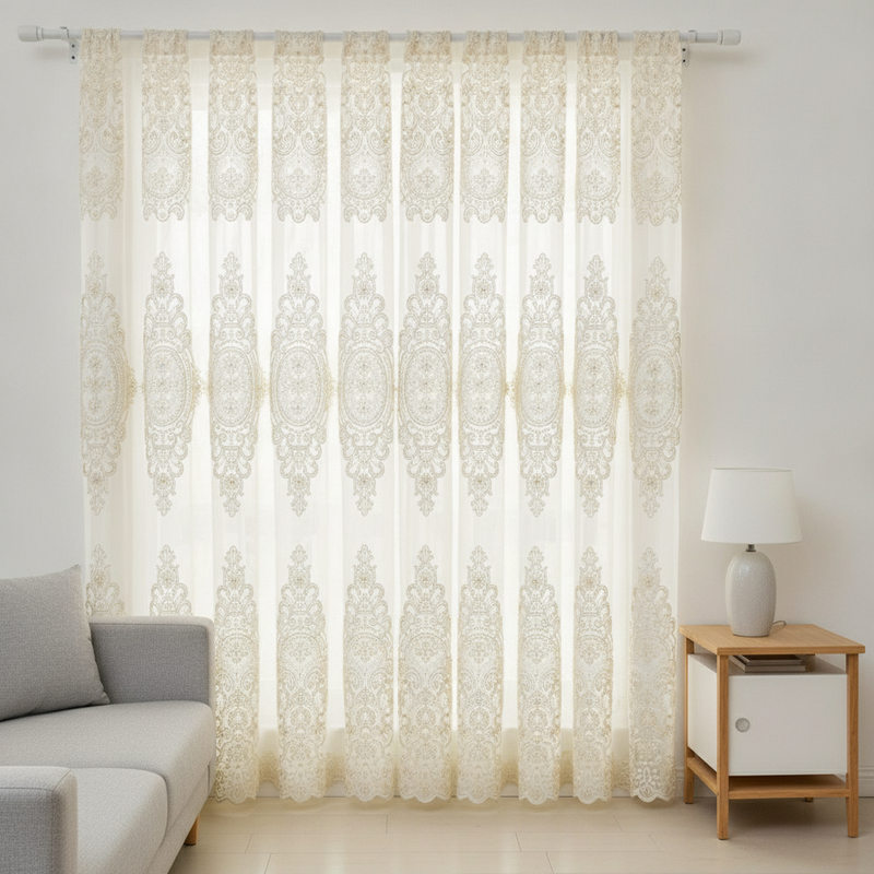 Elyvia Embroidered Sheer Lace Curtain hung on a window