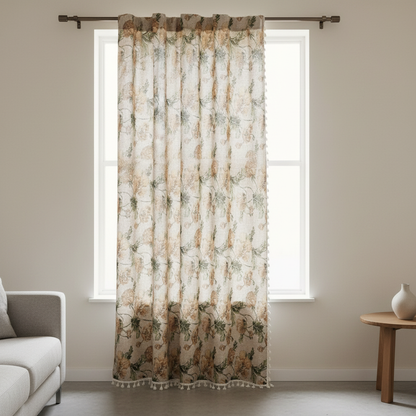 Wildflower Harmony Curtain beige floral hung on a window in a styled room