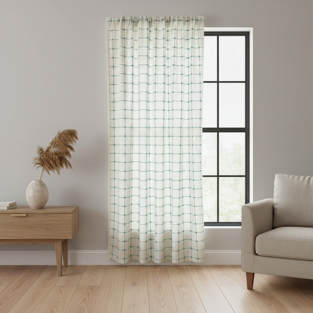 Turquoise Lattice Boho Tassel Curtain hung on a window in a styled room