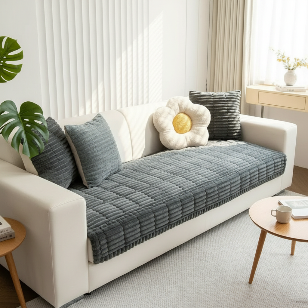 Plush Hand-Pleated Sofa Cover styled on a sofa in a modern living room lifestyle setting