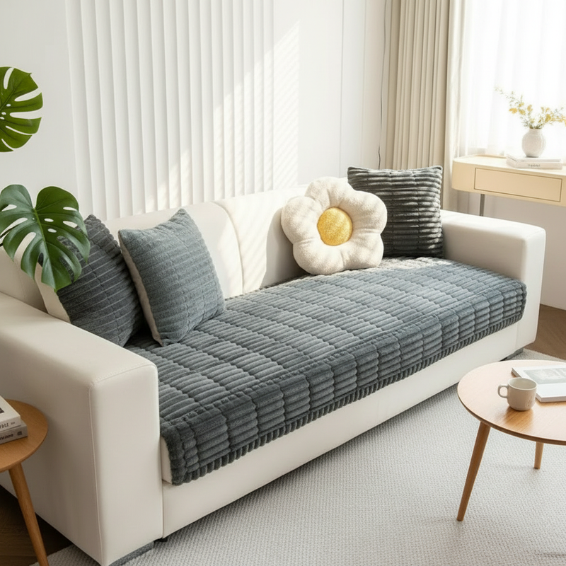 Plush Hand-Pleated Sofa Cover styled on a sofa in a modern living room lifestyle setting