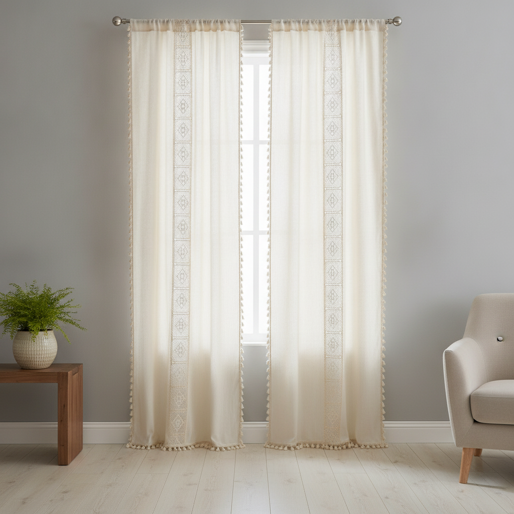 Boho Linen Curtain hung on a window in a styled room