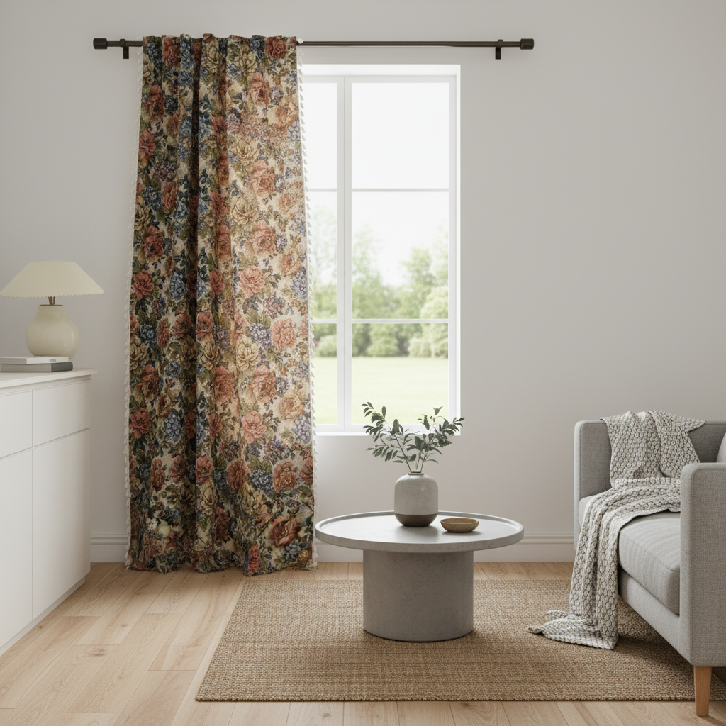 Heritage Rose Bloom Tassel Curtain hung on a window in a styled room