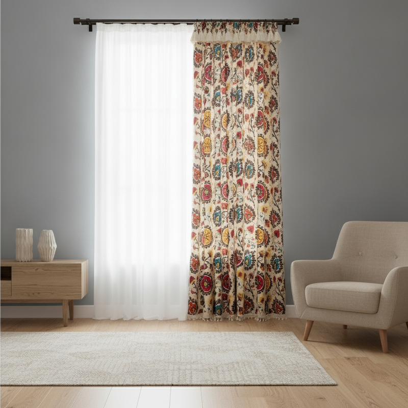 Boho Color Wheel Bloom Tassel Curtain hung on a window in a styled room
