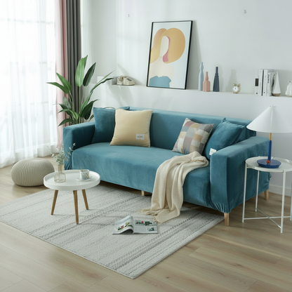Lake Blue Velvet Couch Cover styled on a sofa in a modern living room lifestyle setting