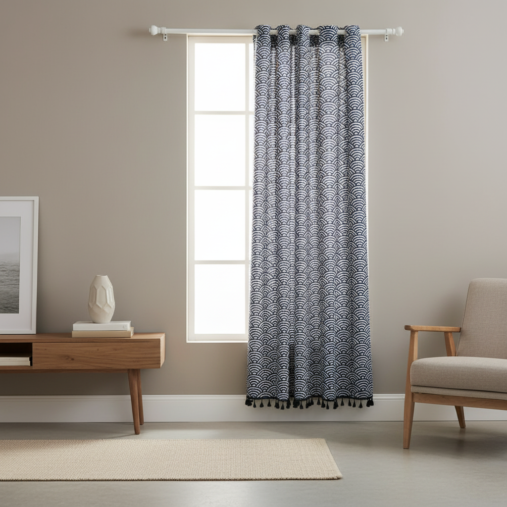 Tidal Scales fish-scale curtain hung on a window in a styled room