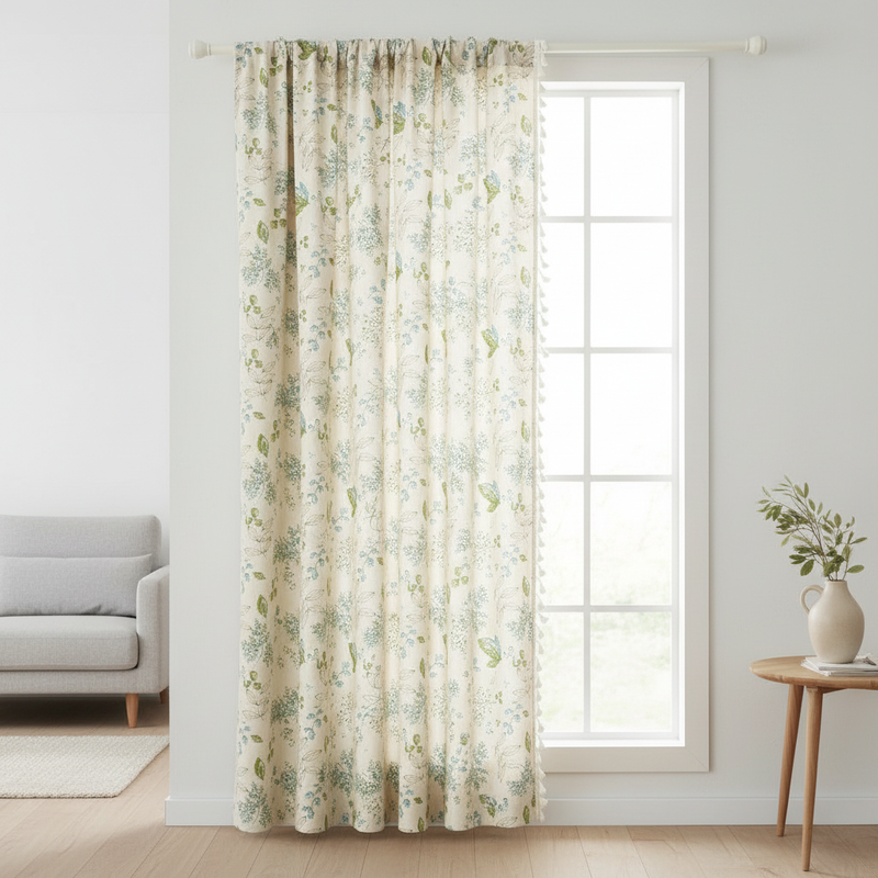 Wildflower Veil curtain hung on a window in a styled living room