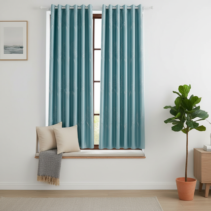 Elysian Leaf blackout curtain hung on a window in a styled room