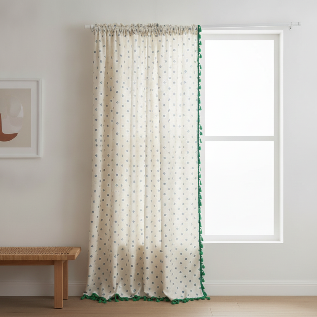 Cottage Petals tassel curtain hung on a window in a styled room