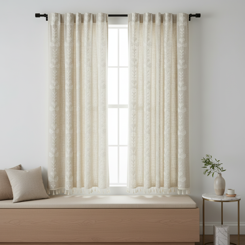 Farmhouse Chic linen geometric curtain hung on a window in a styled room