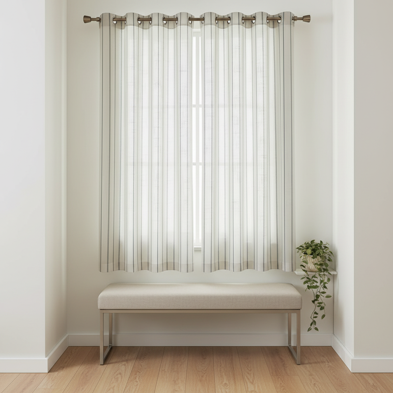 Soft Flow Vertical Stripe Curtain hung on a window in a styled room