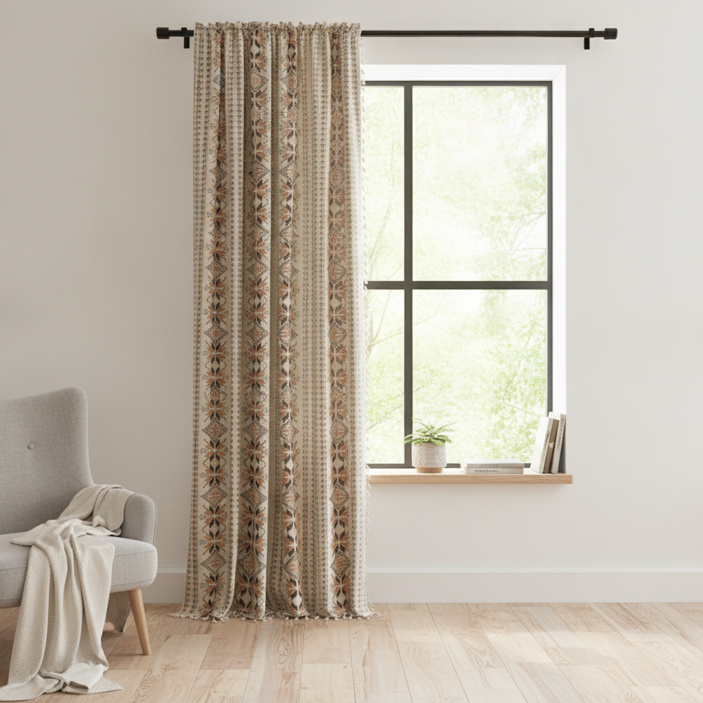 Bohemian geometric semi-blackout tassel-edge curtain hung on a window in a styled living room