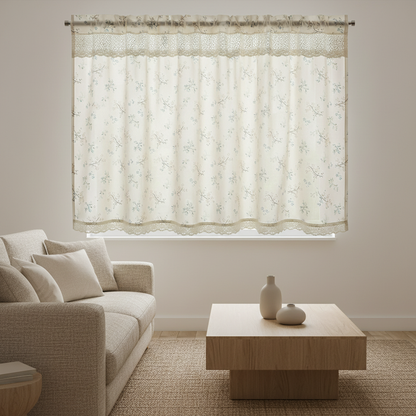Nordic Bloom UV-resistant kitchen cabinet curtain hung on a window in a styled room