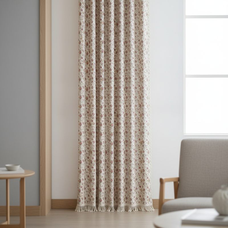 Floral tasseled soft cotton semi-sheer curtain hung on a window in a styled room
