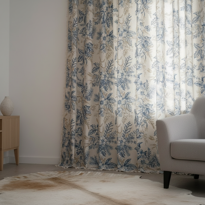 Farmhouse Botanical Blue Floral Curtain hung on a window in a styled room