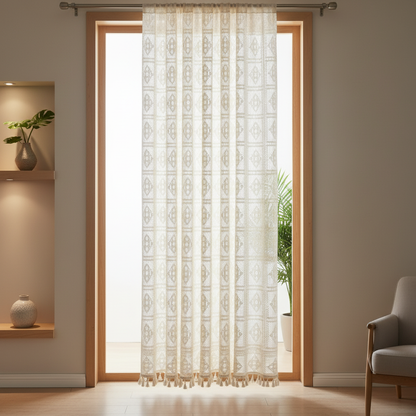 Rhombus Plaid Diamond Lace Curtain hung on a window in a styled room