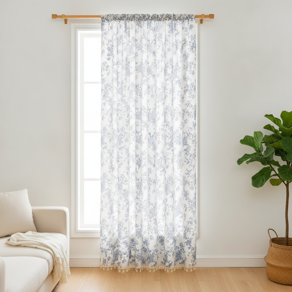 Blue rose floral semi-sheer curtain hung on a window in a styled room
