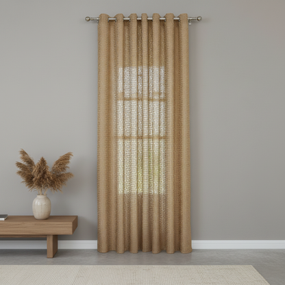 Imperial Maze Embroidered Curtain (Champagne Gold) hung on a window in a styled room