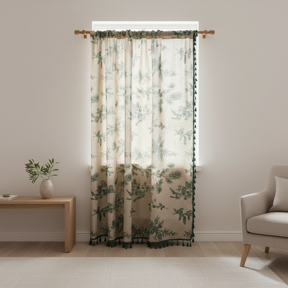 Green pine bird pattern tassel cotton-linen curtain hung on a window in a styled room