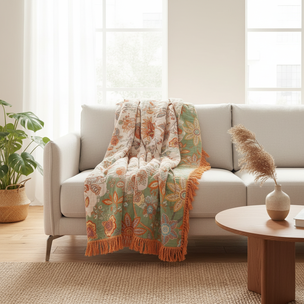 Cotton Floral Throw Blanket styled draped over a sofa in a modern living room
