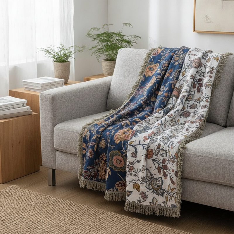 Reversible Floral Cotton Throw Blanket draped over a sofa in a modern living room