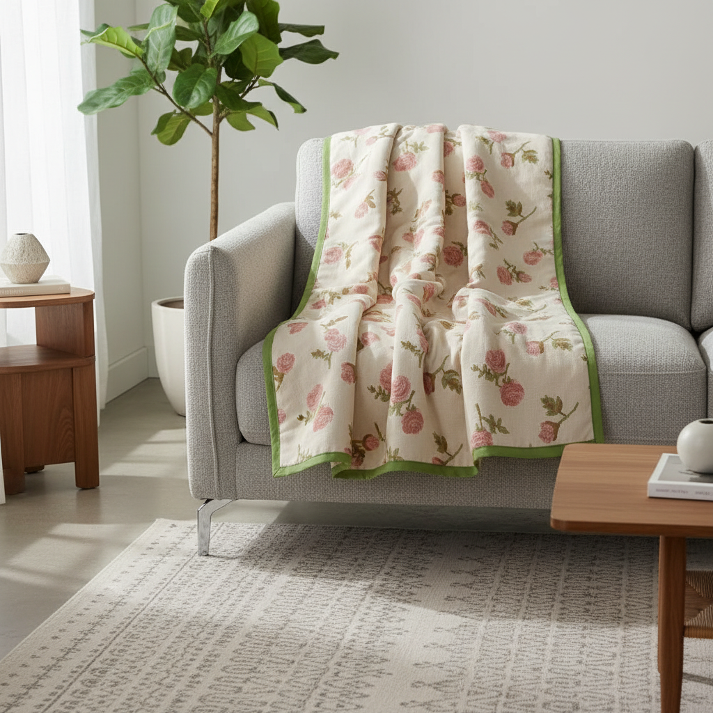 Bamboo Fiber Rural Rose Cooling Blanket styled in a cozy room