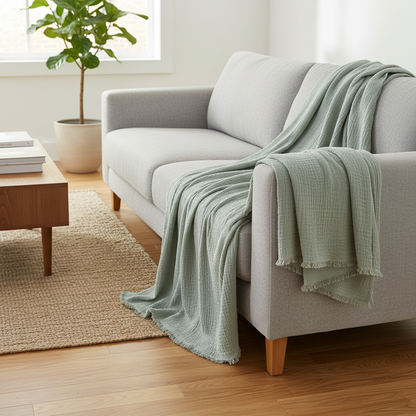 Sage Green Cozy Throw Blanket draped over a sofa in a modern living room