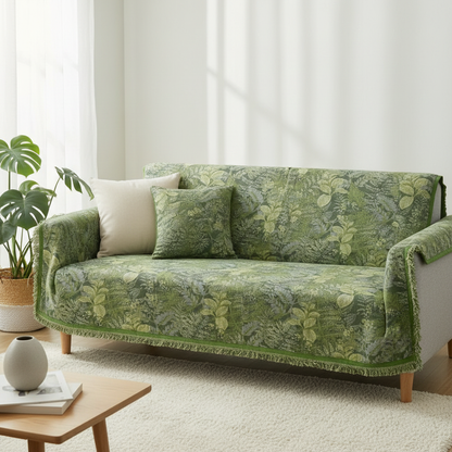 Verdant leaf bamboo cooling quilt draped over a sofa in a modern room
