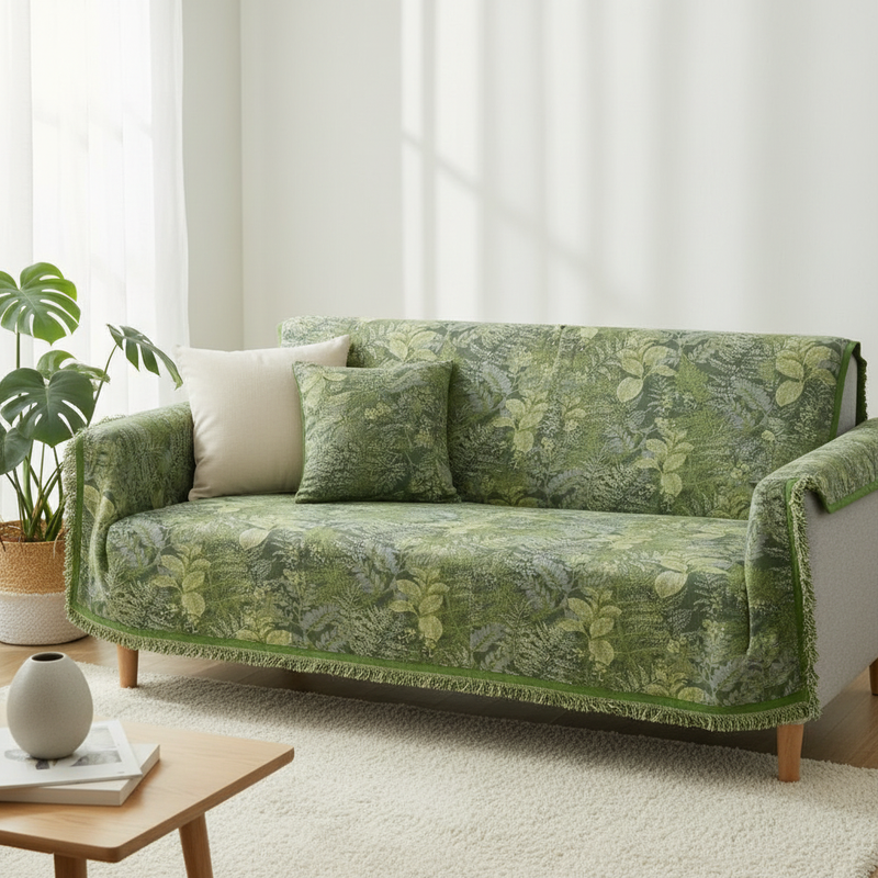 Verdant leaf bamboo cooling quilt draped over a sofa in a modern room